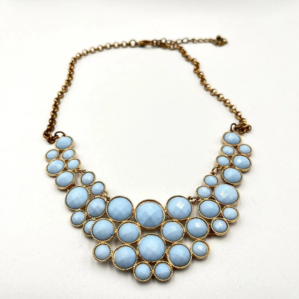 Vintage Retro Sky Blue Cabochon Bib Statement Necklace Gold Tone Geo Bubbles - Picture 6 of 13